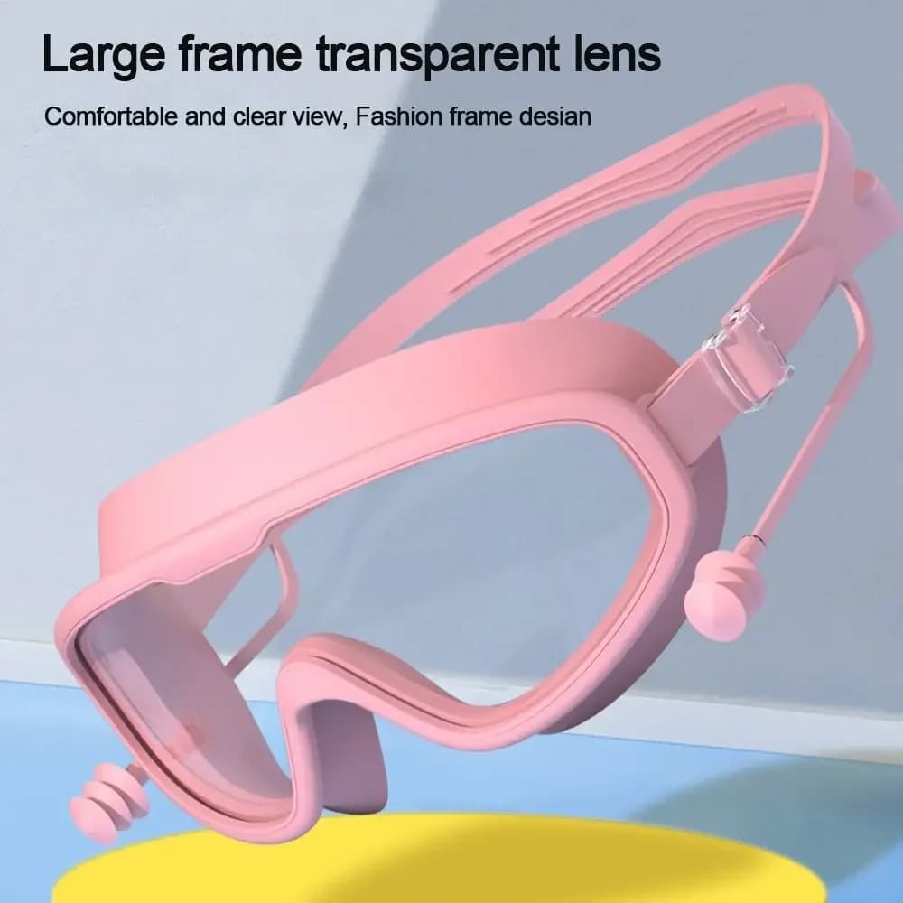 Kids Swimming Goggles with Built-in Earplugs Anti Fog UV Protection Leakproof Big Frame Silicone Swim Glasses for Boys Girls