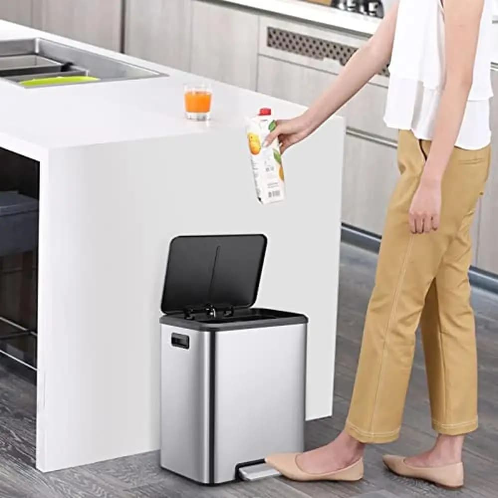 Stainless Steel Dual Compartment Kitchen Recycling Trash Can, 2×4 Gallon 30L Hands-Free Step Bin with Lid & Foot Pedal for Waste