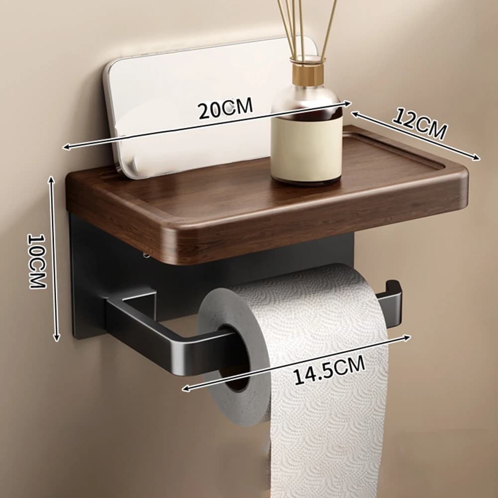 Portarotolo da bagno in legno con mensola porta cellulare, porta carta igienica da parete multifunzione, accessorio porta asciugamani