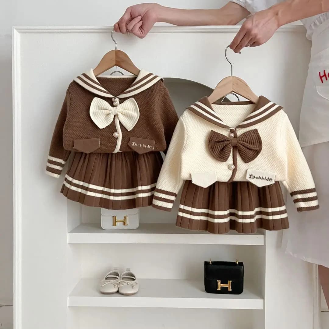 New Baby Clothes Dress Newborn Style Preppy Sweater + skirts 2 pieces Set Kids Knitted bow Pullover Girls Sweatshirt