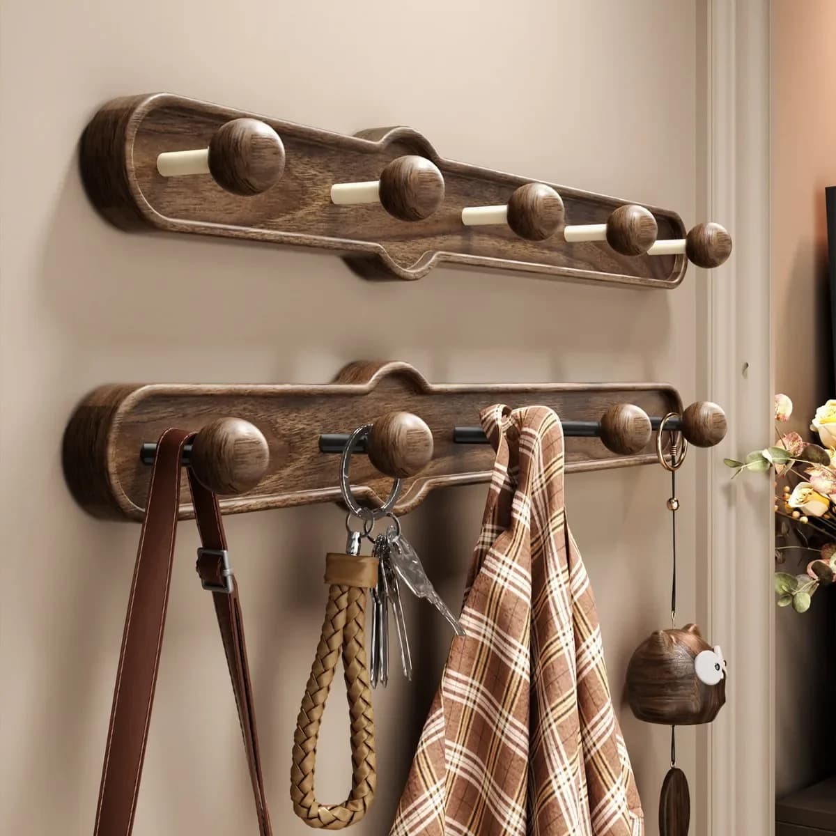 Walnut Wood Door Hooks: Heavy-Duty, Wall-Mounted Adhesive Hooks for Bathroom Walls—Clothes Hanger and Storage