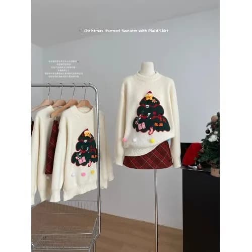 Elegante Maglione a Maniche Lunghe da Donna, Top Invernale Ampio, Set per Capodanno, Gonna a Quadri, Stile Comodo e Casual per il Lavoro