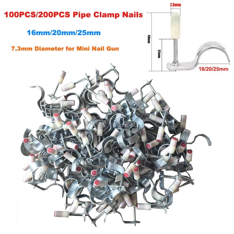 200PCS/100PCS Morsetto Per Tubi Chiodi Pneumatico Fuoco Pistola Sparachiodi Tubo Dell'acqua Fisso Peg Chiodo 16mm/20mm/25mm Diametro 7.3mm Per Mini Pistola Sparachiodi