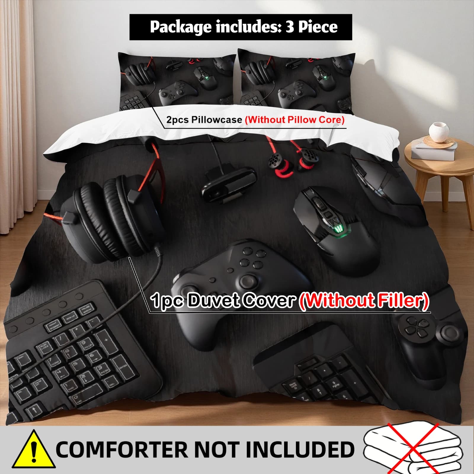 Set Copripiumino Gaming Gear con Controller, Cuffie e Tastiera - Biancheria da Letto per Gamer, Disponibile nelle Misure Twin, Queen e King con 2 Federe