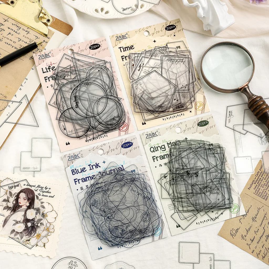 20sheets Frame Scrapbook Stickers Kit PET Transparent Stickers Set for Junk Journal Journaling Decor Album Stationery Stickers