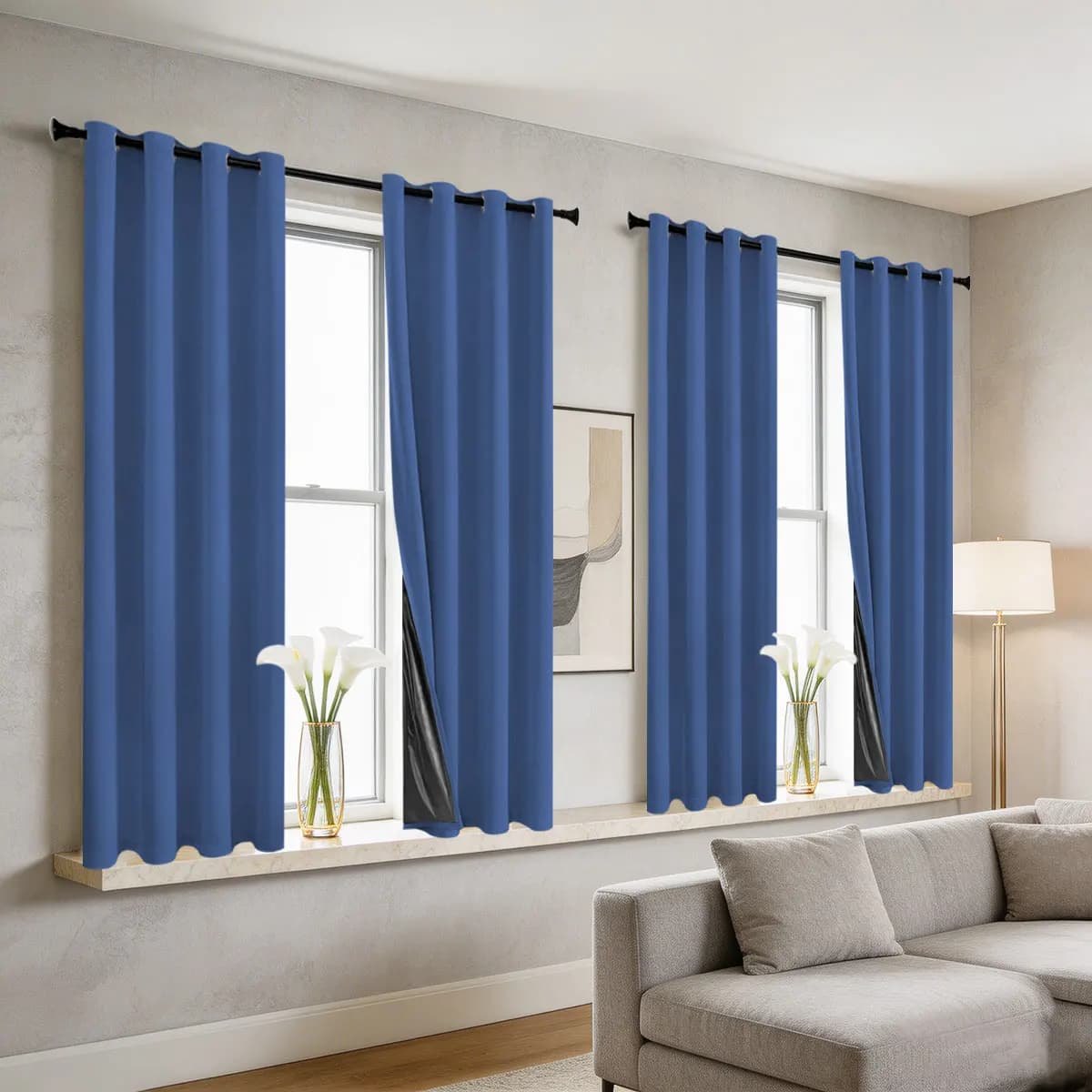Dark Blue Blackout Curtains 2 Panels, Rod Pocket Lightweight Black Coated Window Drapes
