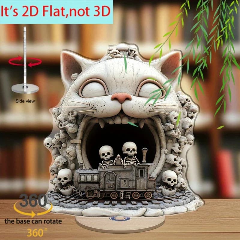 2D flat, 1 rotating acrylic desktop decoration - cute cat head opening skull toy train design, ° rotating artwork, relaxing home and office, Halloween and year-round art decoration, fantastic design, exquisite and delicate