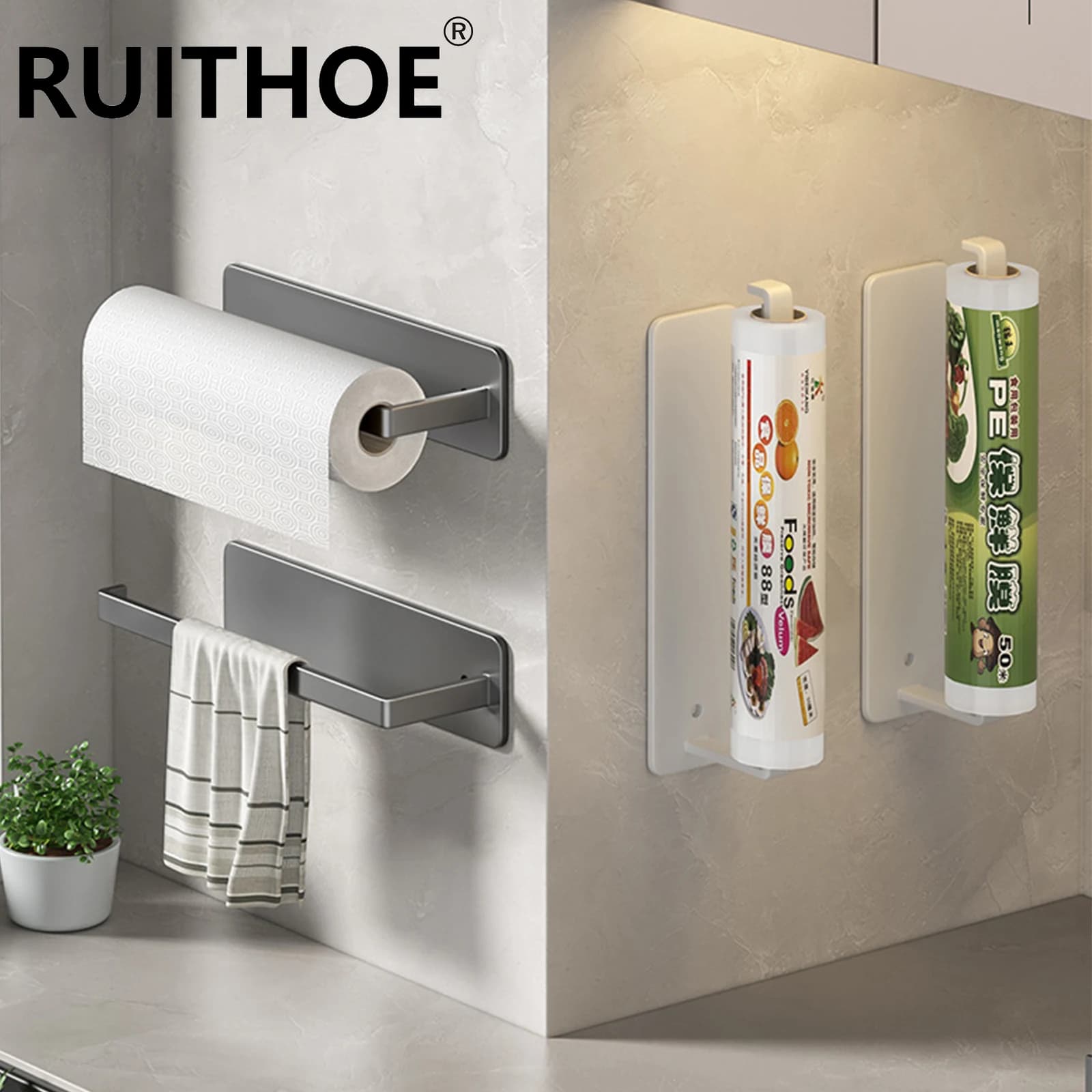 Porta asciugamani di carta Portarotolo autoadesivo per carta igienica Nessuna punzonatura Cucina Bagno Allunga portaoggetti Grigio Nero Bianco