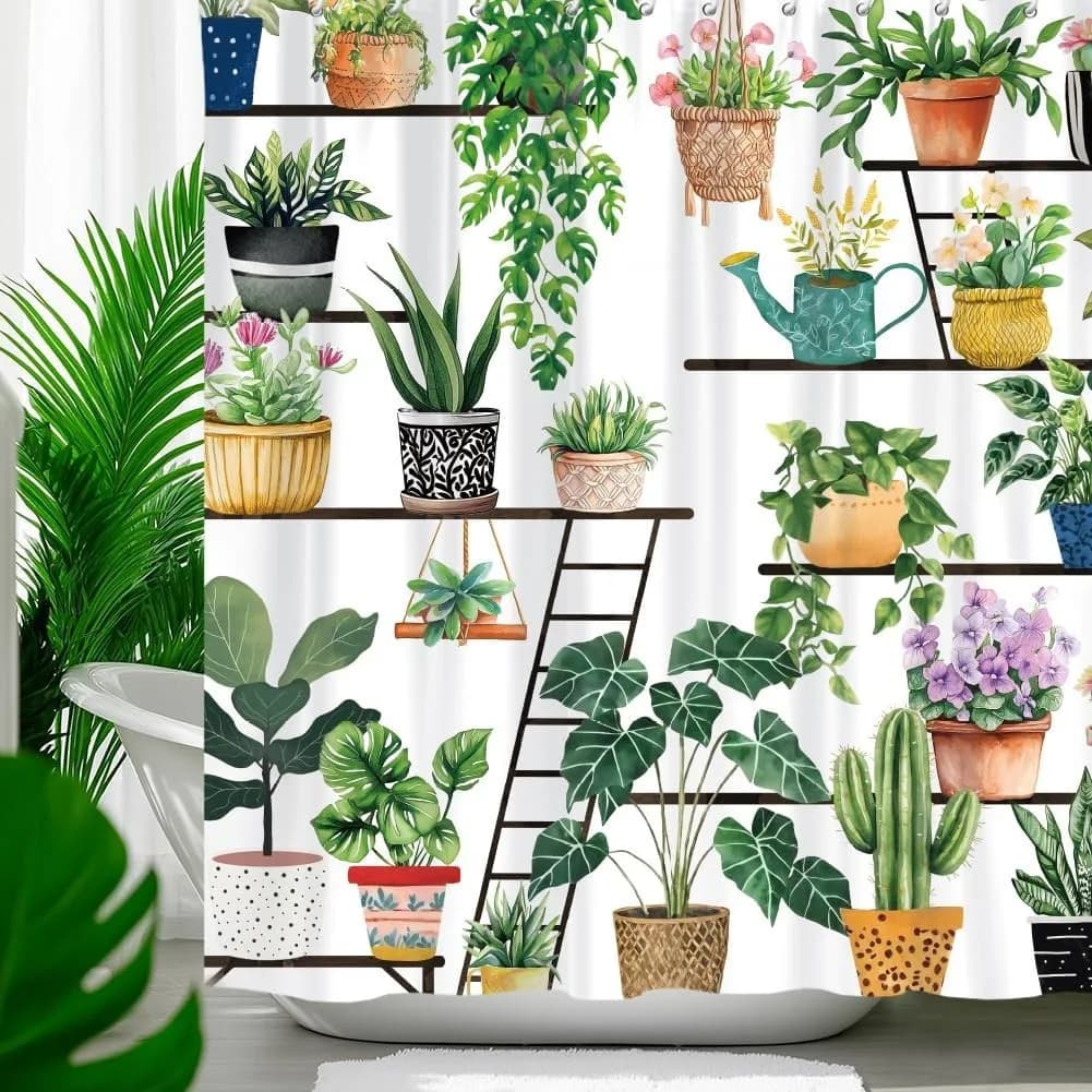 1pc Bohemian Polyester Shower Curtain, Green Potted Plants Design, Waterproof Bathroom Decor with Hooks, 72x72 inches