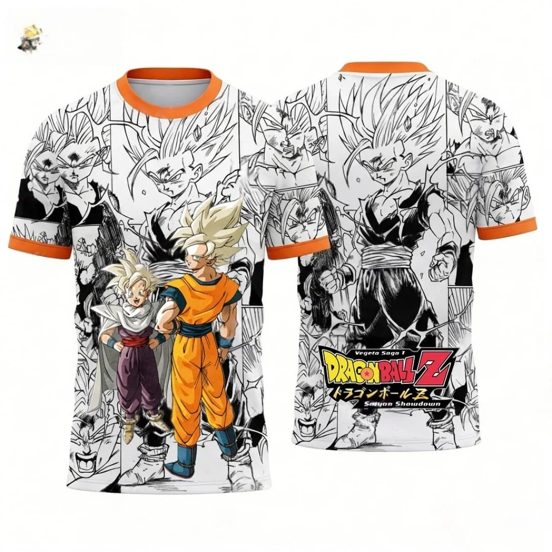 T-shirt Traspirante Stampata in 3D a Tema Fumetto Dragon Ball Goku & Gohan "Padre e Figlio Insieme" Estate 2026 per Adulti e Genitori