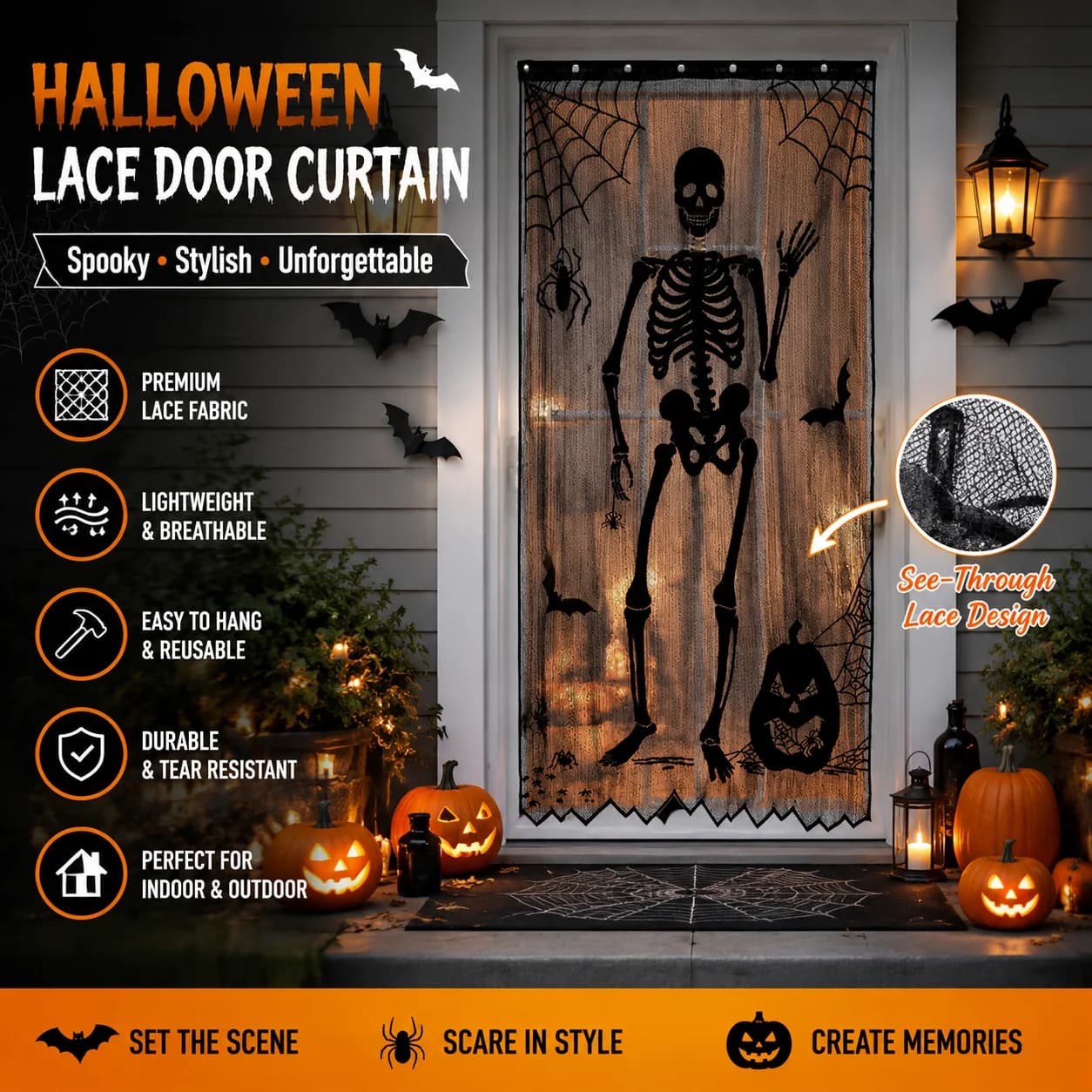 Halloween Skeleton Lace Door Curtain Black Skull Spider Bat Pumpkin Window Curtain For Ghost Party Home Wall Decorations