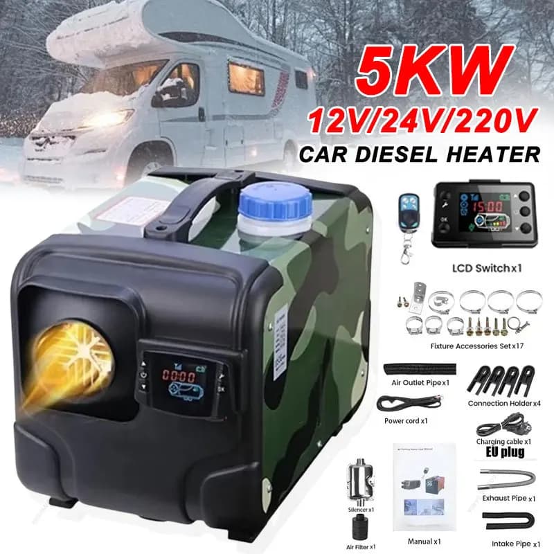 Car Heater 12V/24V/220V 5KW Car Diesel Heater Dry Low Noise Remote Control Air Diesel Parking Heater for Car Truck Boat RV