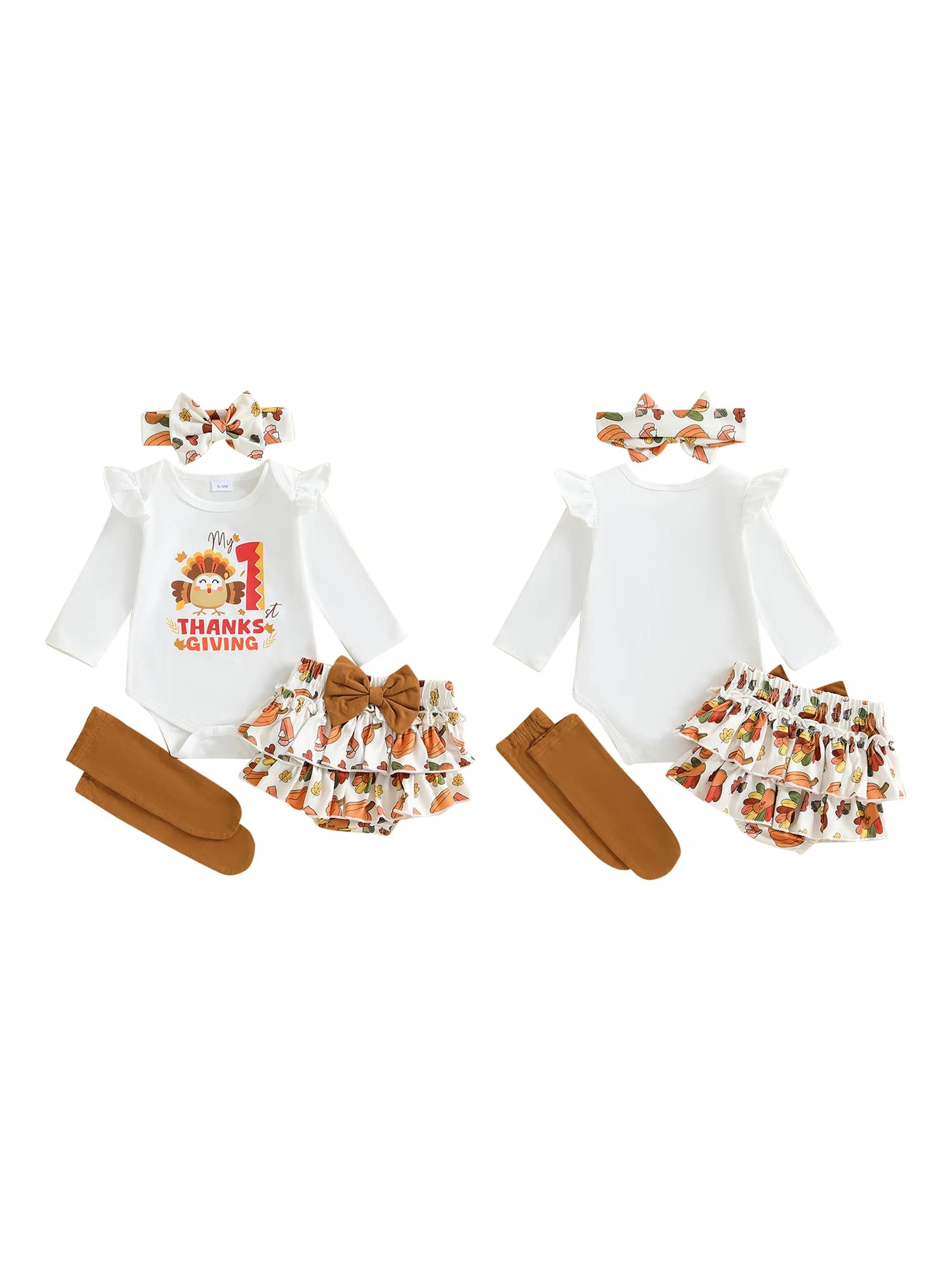 Adorabile set autunnale per neonata con maniche lunghe con stampa Turchia, gonna, pantaloncini, fascia per capelli e calzini - Completo per neonato