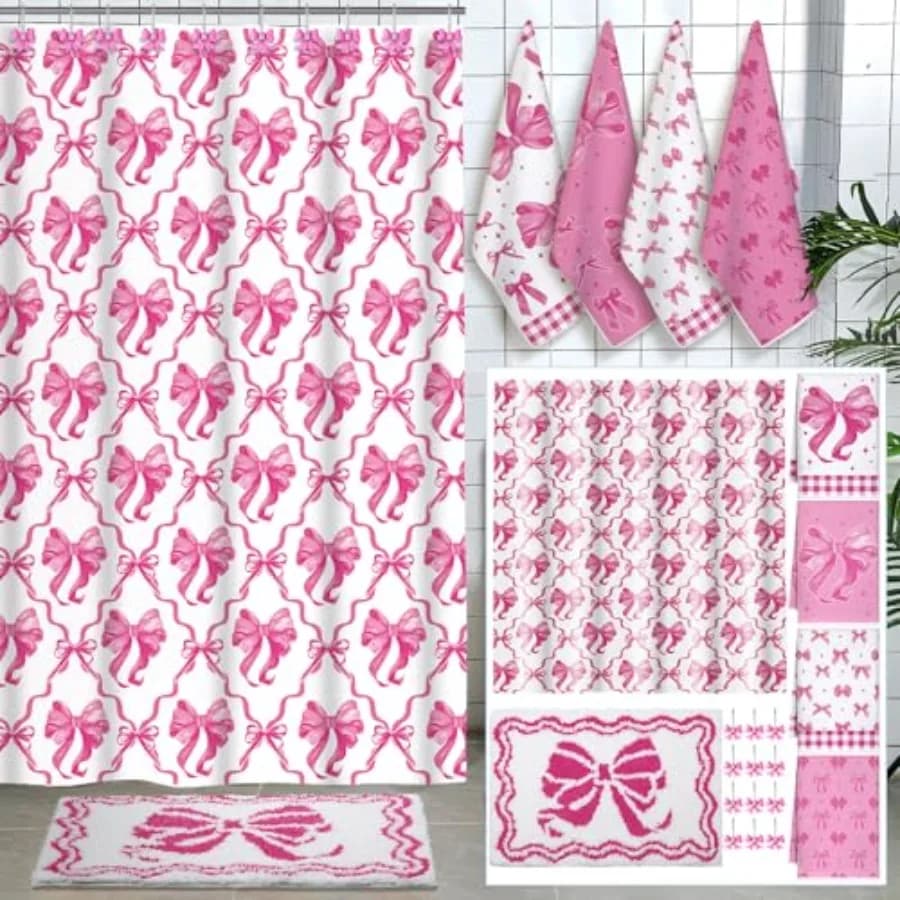 Set di 18 Pezzi per Tenda Doccia in Tessuto con Fiocco Rosa, 12 Ganci Decorativi per Tenda Doccia, Asciugamani da Bagno con Fiocco Rosa, Stile Coquette Antiscivolo