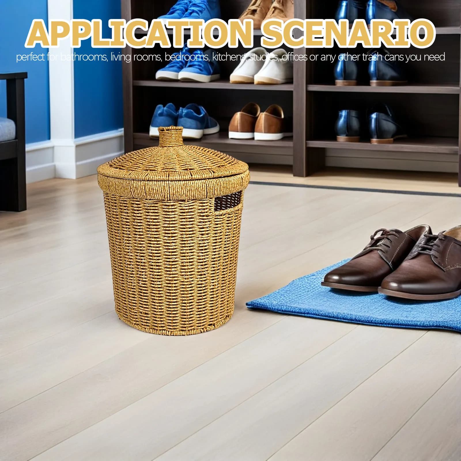 Imitation Rattan Trash Bin Round Handwoven Woven PP Plastic Iron Frame Decorative Waste Basket Bathroom Kitchen Bedroom Office