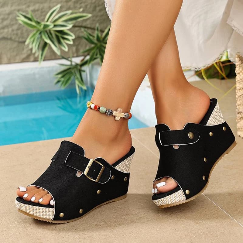 Women Studded Buckle Strap Espadrilles Wedge Slides Open Toe Sandals Casual Summer Chunky Platform Holiday Beach Slippers Shoes