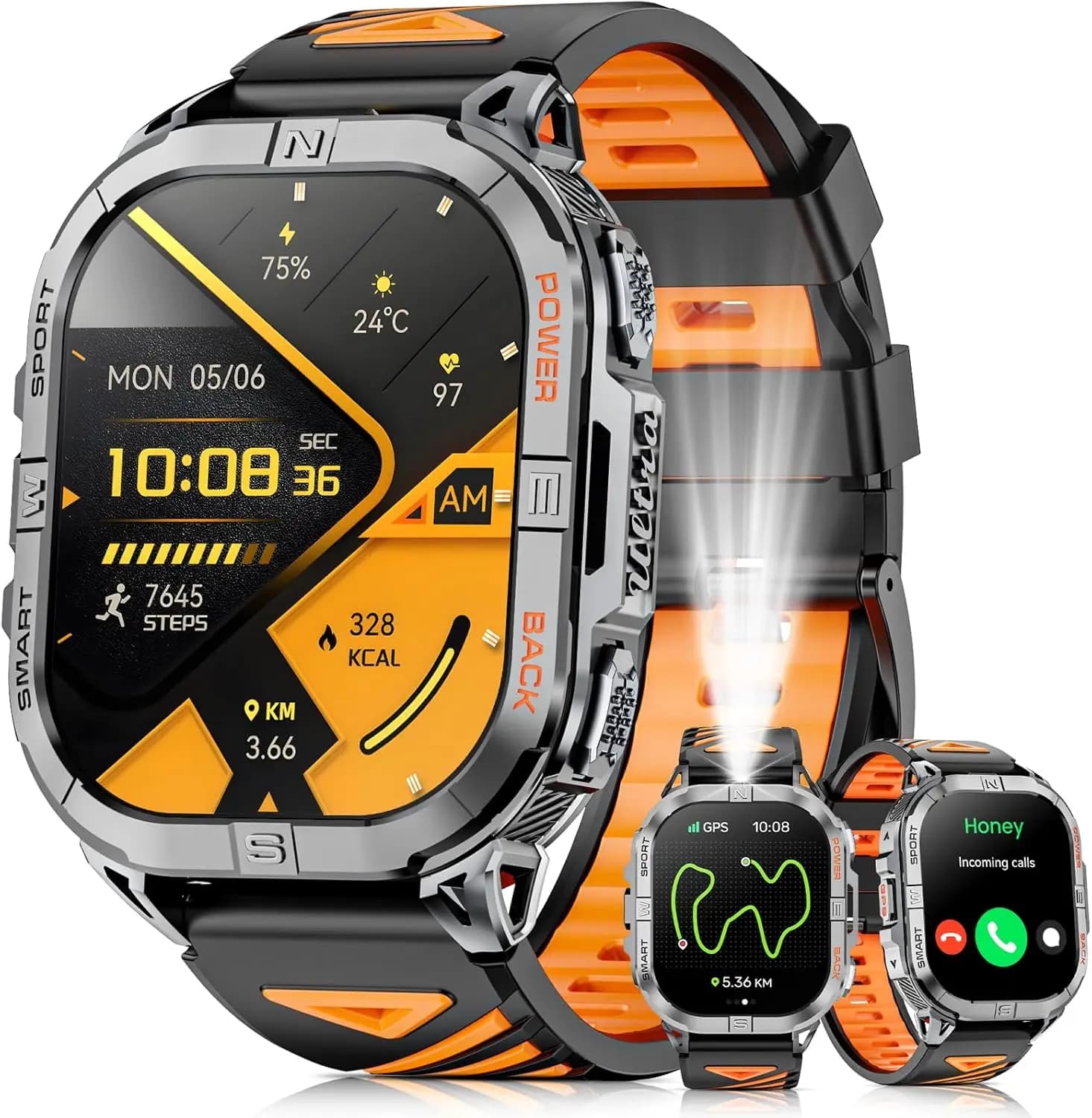Smartwatch Militare con GPS, Torcia LED, Bussola, Display AMOLED da 2,13", Funzione di Chiamata, Impermeabile 3ATM per iPhone e Android