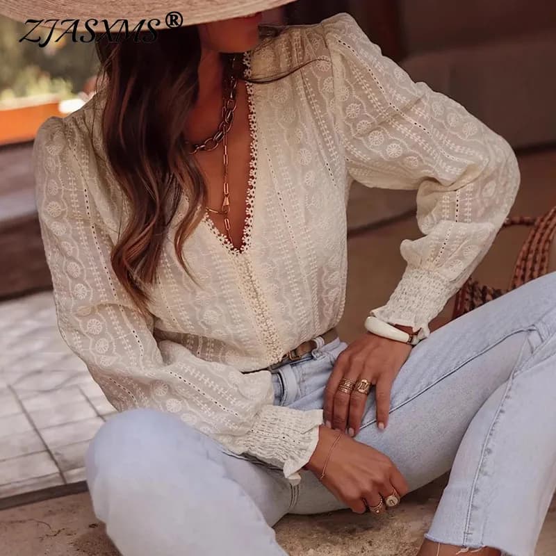 Primavera sexy pizzo ricamo uncinetto vestiti donna elegante scollo a V profondo scava fuori camicia trasparente autunno manica lunga camicette da ufficio Top