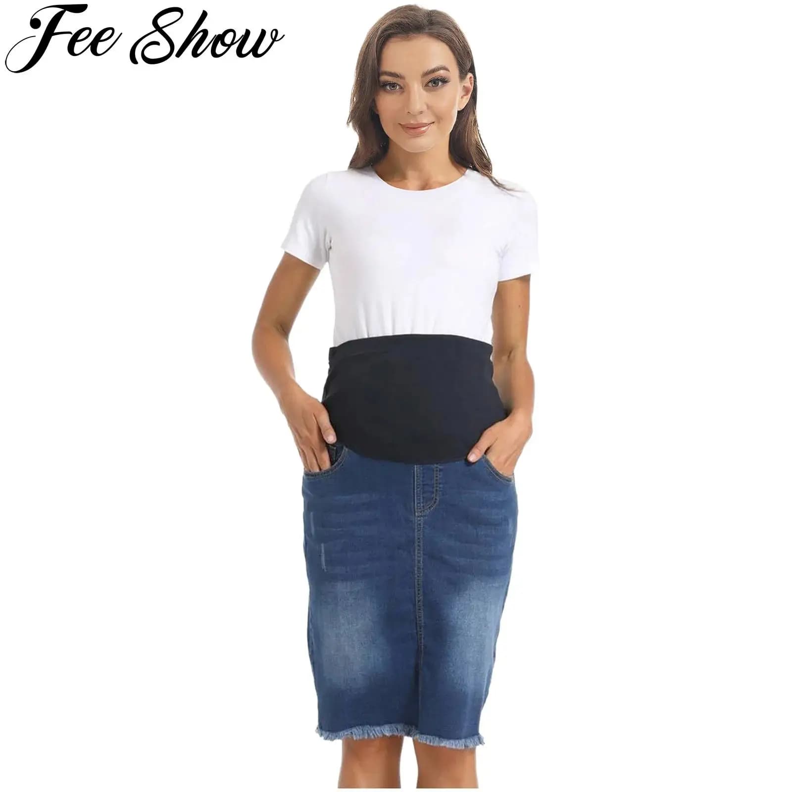 Maternity Jean Denim Skirt Pregnancy Women High Waist Over-The-Belly Adjustable Waist Back Split Skirts Office Work Casual Wear