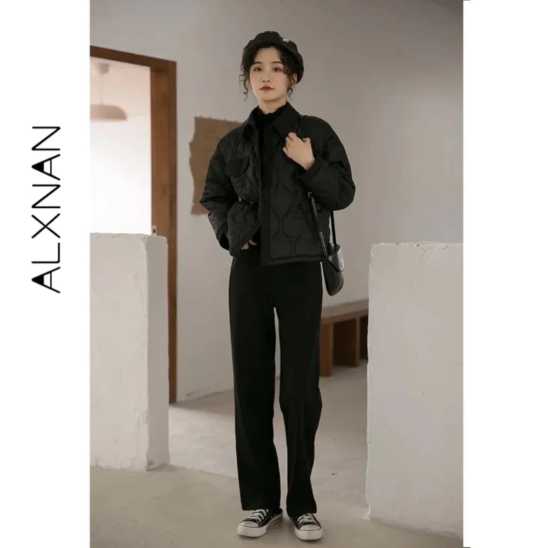 ALXNAN Giacca Corta Imbottita Nera da Donna 2026 Nuovo Modello Oversize Stile Coreano Cappotto Spesso Elegante Abbigliamento Femminile LXN959