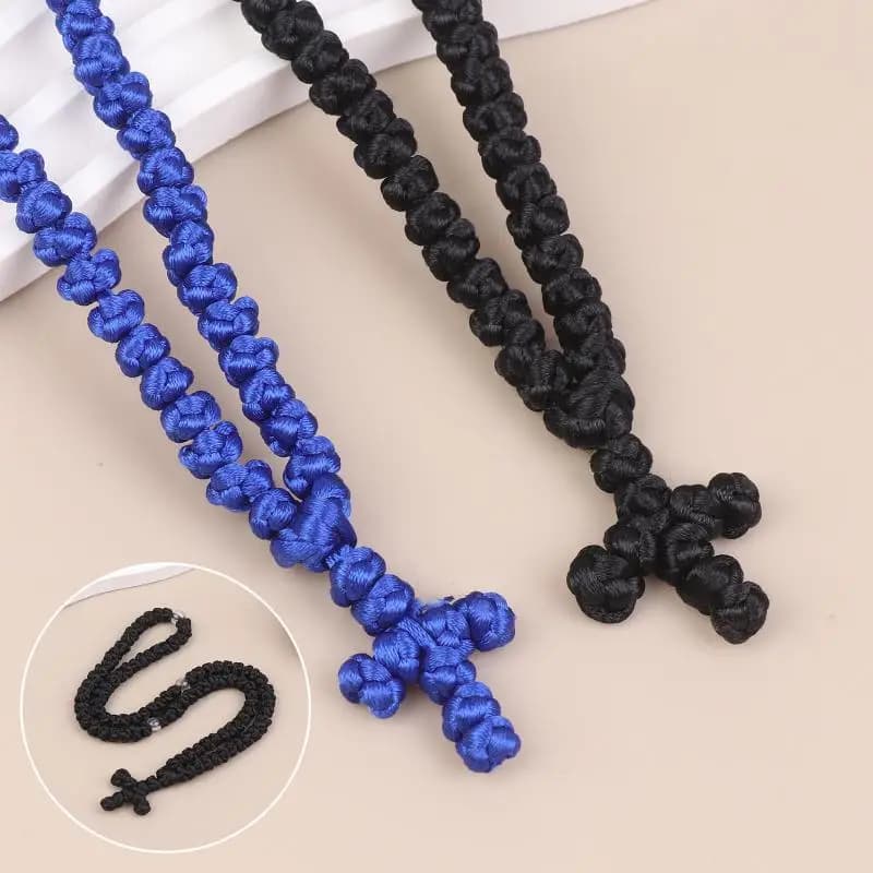 Orthodox Religious Komboskini Knot Prayer Rope Necklace Handmade Black Blue Rosary Cross Pendant Christian Faith Jewelry Gift