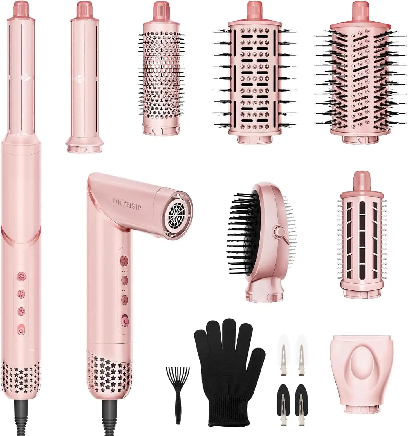 Styler e Asciugacapelli 8-in-1 Pieghevole con Tecnologia Ionica per Asciugatura Rapida, Arricciatura e Lisciatura in Rosa