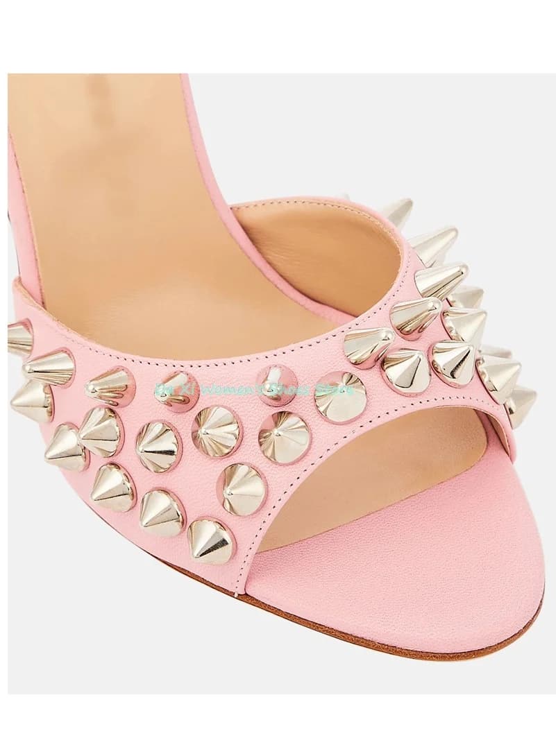 Pink Leather Rivet Spikes Decorative High Heels Sandals Shallow Rear Tripwire Luxury Women's Shoes Personality Runway Shoes