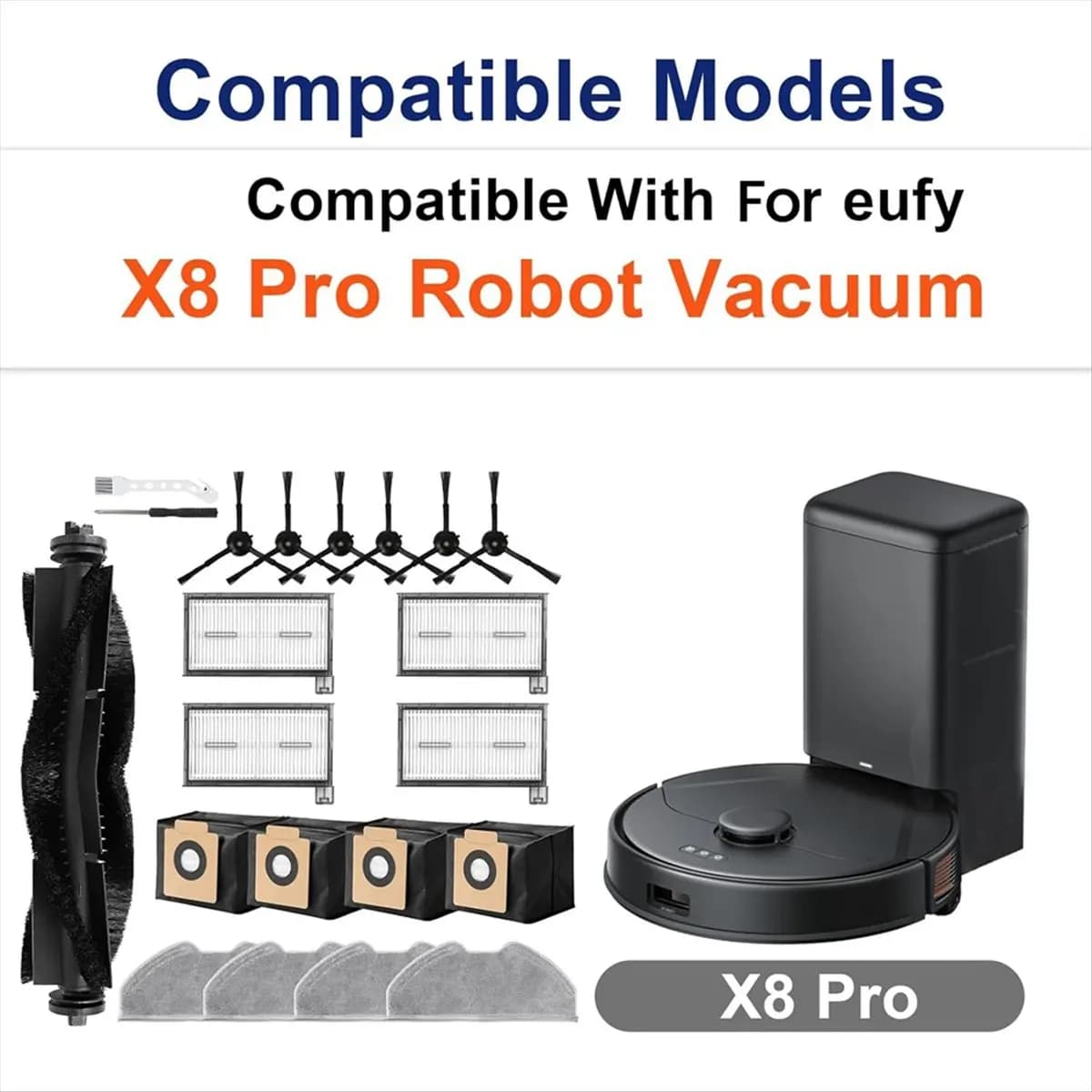 (ABJZ) Accessori per robot aspirapolvere Eufy X8 Pro, parti di ricambio, spazzola principale, spazzola laterale, filtro lavabile, sacchetto per la polvere, panno per la pulizia