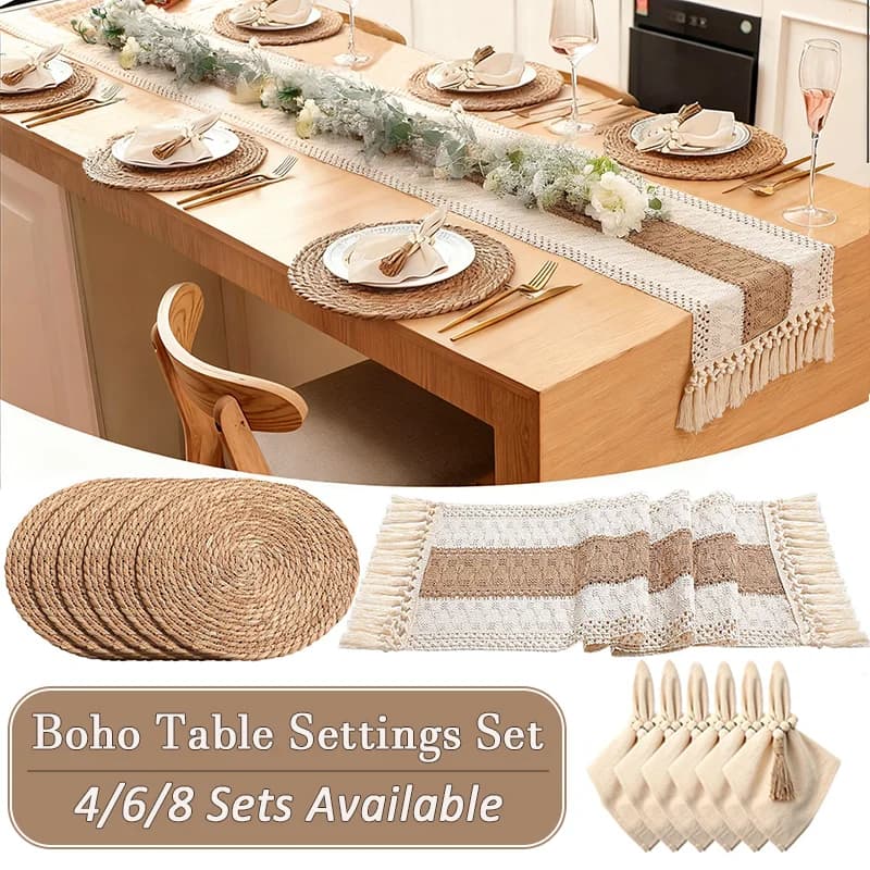 4/6/8 Sets Boho Dining Table Decorations Farmhouse Placemats Rustic Table Runner Napkins Rings for Home Kitchen Dining Room