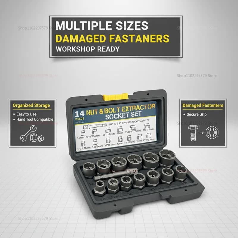 14pcs Bolt Extractor Set Stripped Damaged Bolt Remover Kit for Frozen Rusted and Rounded-Off Bolt Removal Automotive and Repair