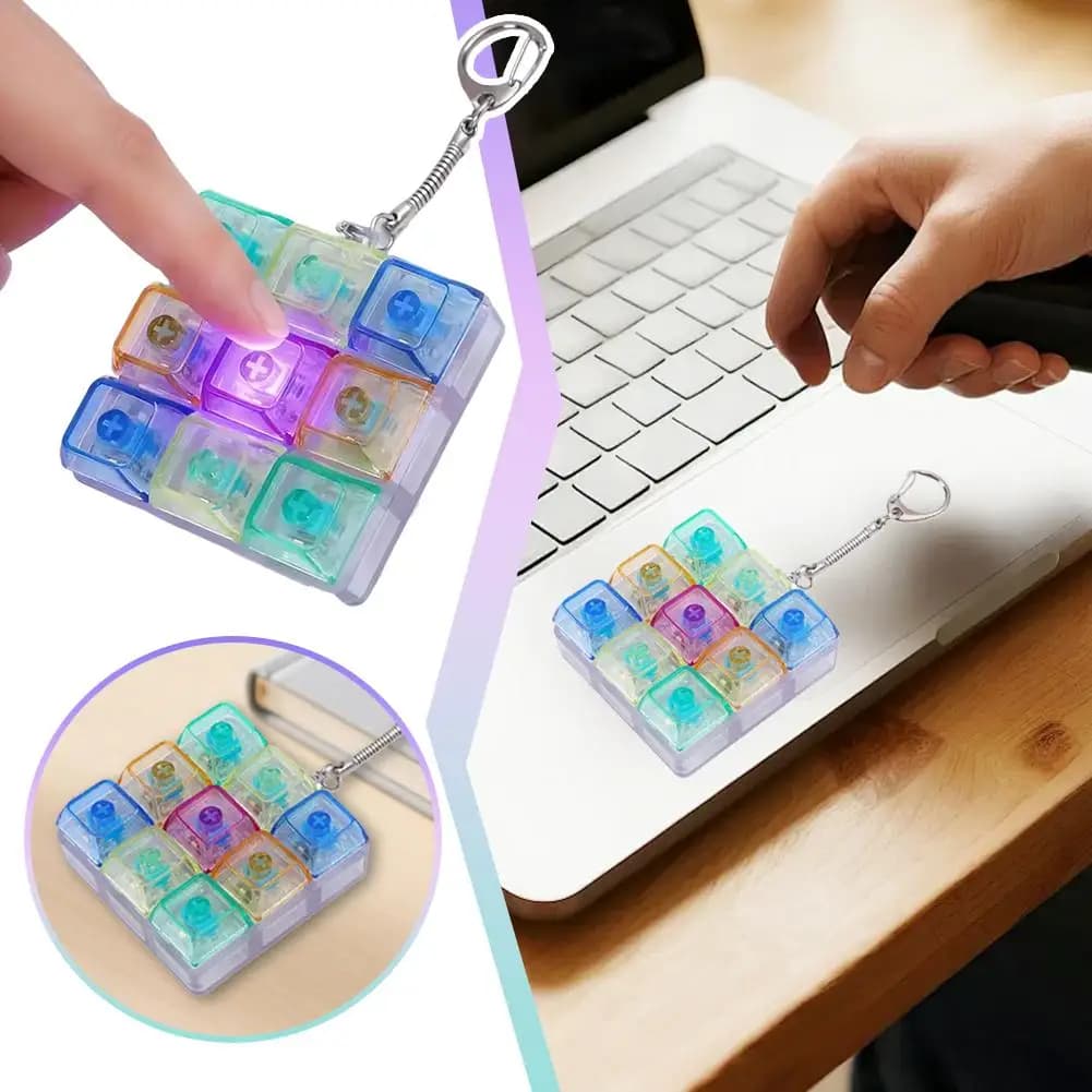 Giocattolo Antistress a 9 Tasti, Portachiavi Trasparente Colorato, Ciondolo Meccanico Portatile con Pulsanti Luminosi