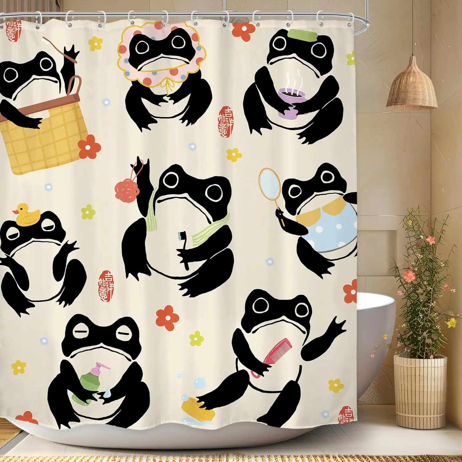 Tenda da doccia rana Design simpatico cartone animato Decorazioni per il bagno Tenda da bagno impermeabile con stampa artistica rana in stile giapponese Tema animale divertente