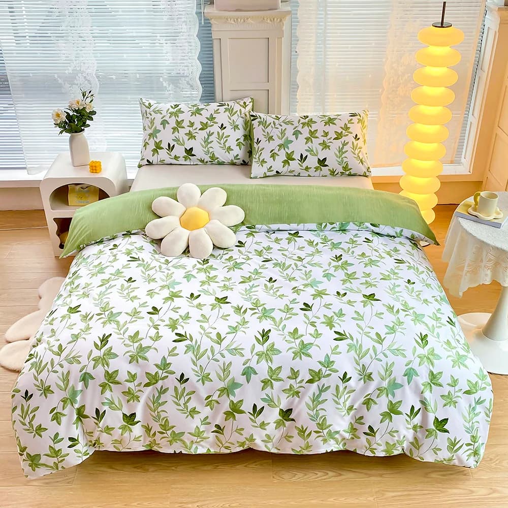 2/3 pezzi Set copripiumino con stampa floreale verde con federa Set biancheria da letto consolatore nordico Copripiumino Letto matrimoniale Queen/King