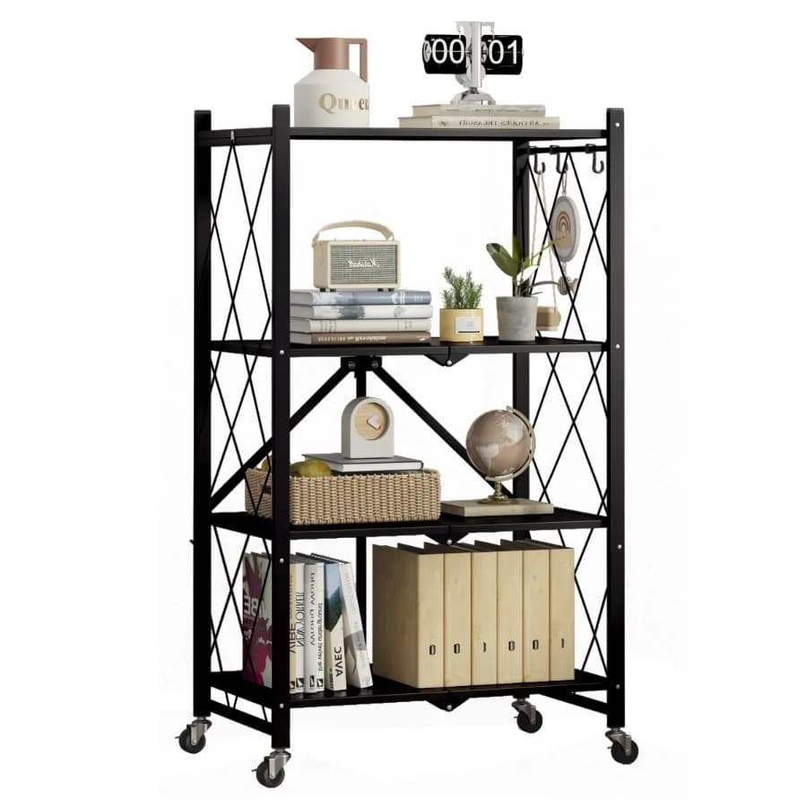 4-Tier Foldable Rolling Storage Shelf - Heavy-Duty Organizer for Easy Mobility Perfect for Home Office or Garage Use Supports U