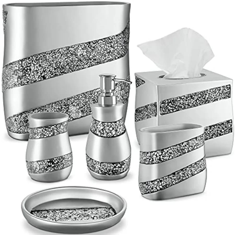 Set di Accessori per Bagno in Mosaico Argento, 6 Pezzi Completi con Cestino, Porta Fazzoletti, Dispenser Sapone, Porta Spazzolino e Porta Asciugamani