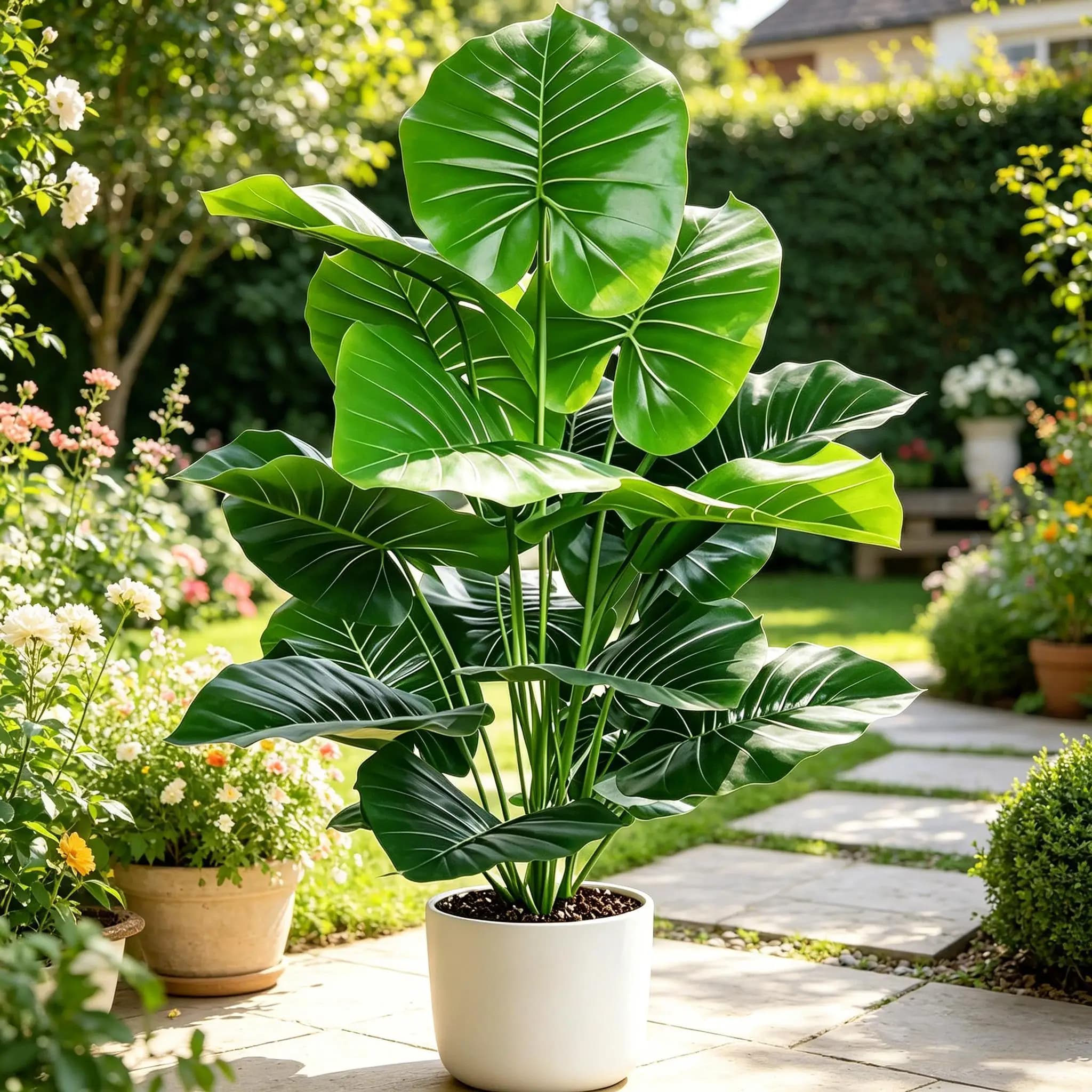 Pianta Artificiale di Taro a Foglia Rotonda Grande 60-105cm, Effetto Realistico, per Decorazione Casa, Giardino, Ufficio e Feste