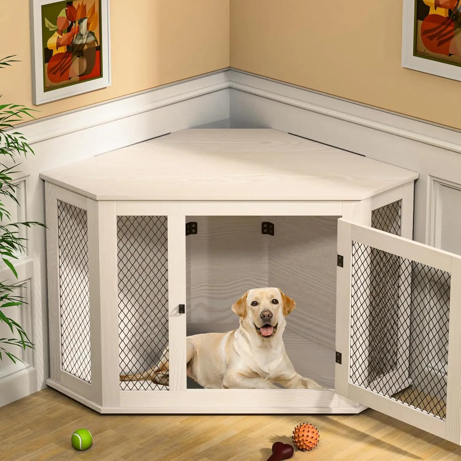 Mobili per cani da angolo, Cuccia per cani in legno da 52 pollici con rete, Tavolino d'appoggio per interni, Personalizzabile