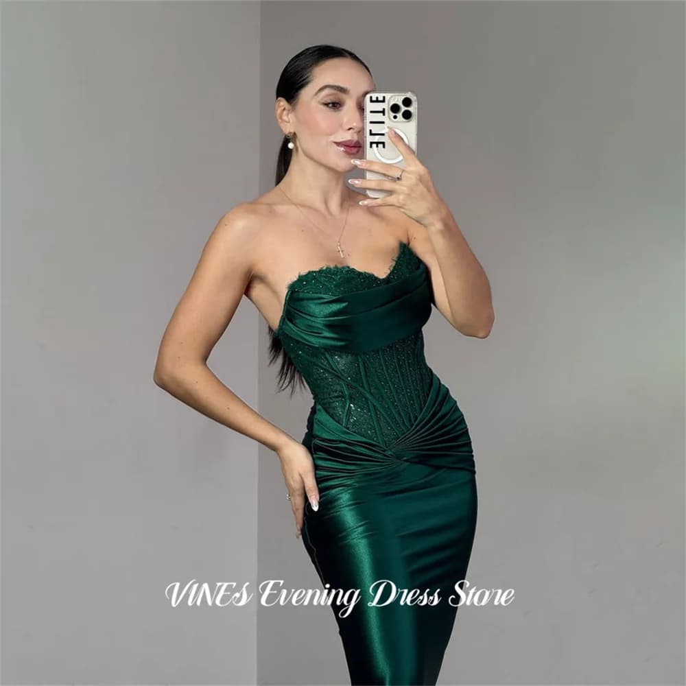 VINES Abiti da sera verde scuro con scollo a cuore arricciato, abiti da gala in raso con strascico, abiti formali a sirena, abito da festa personalizzato