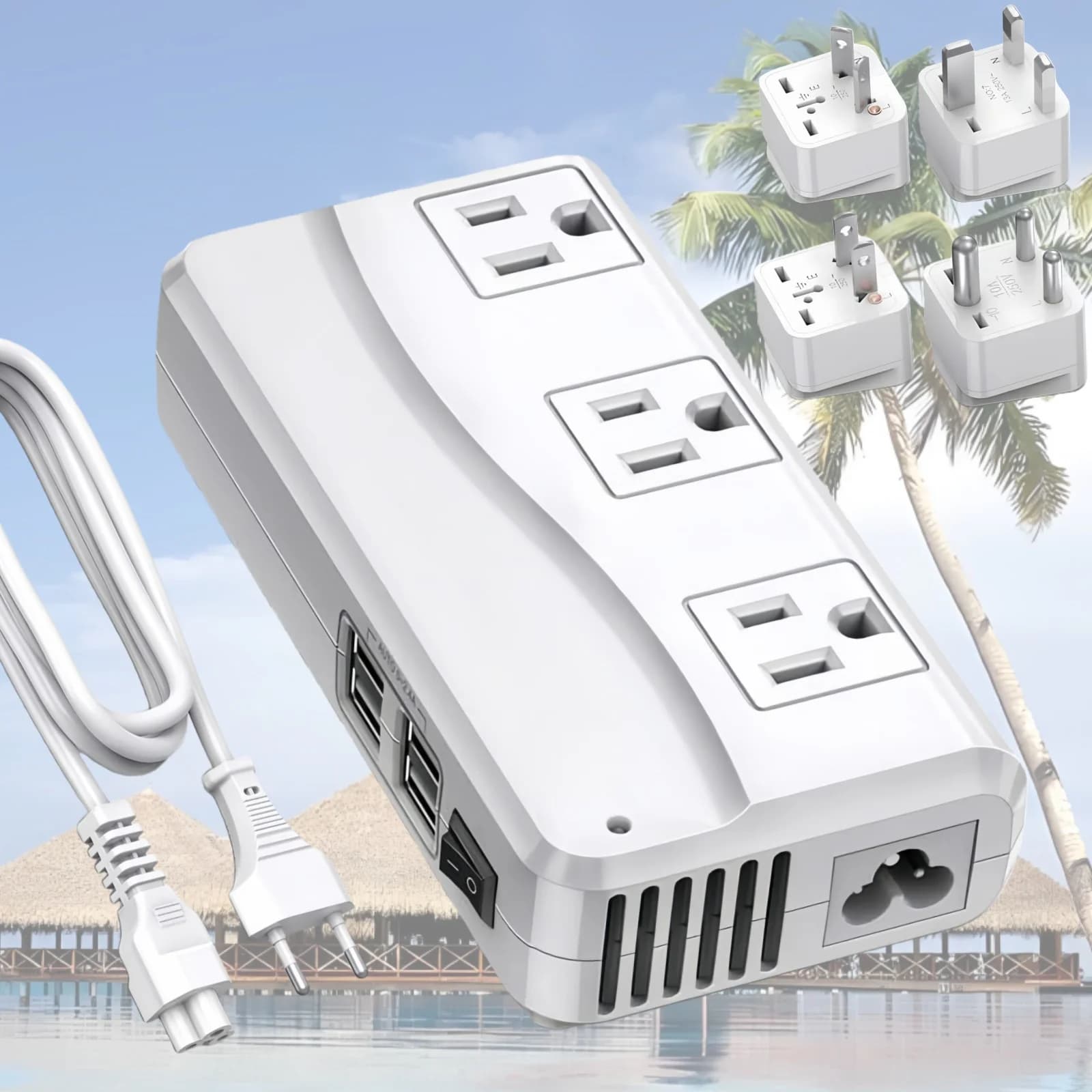 Adattatore e Convertitore da Viaggio Universale 250W, da 100-220V a 110V con 6A, 4 USB e 3 Prese AC, Protezione da Sovraccarico per Crociere e Hotel