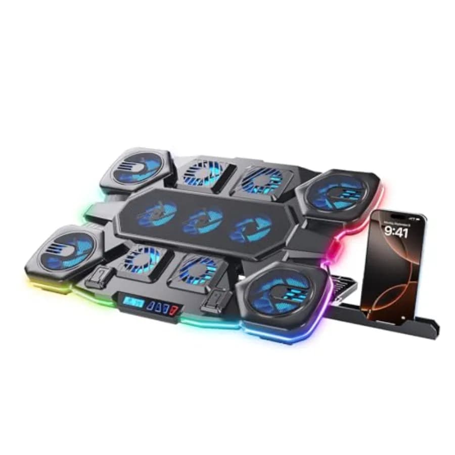 Gaming Laptop Cooling Pad - 11 High Speed Turbo Fans Ultra Quiet Laptop Cooler Stand with RGB Lights Digital Display Height Adj
