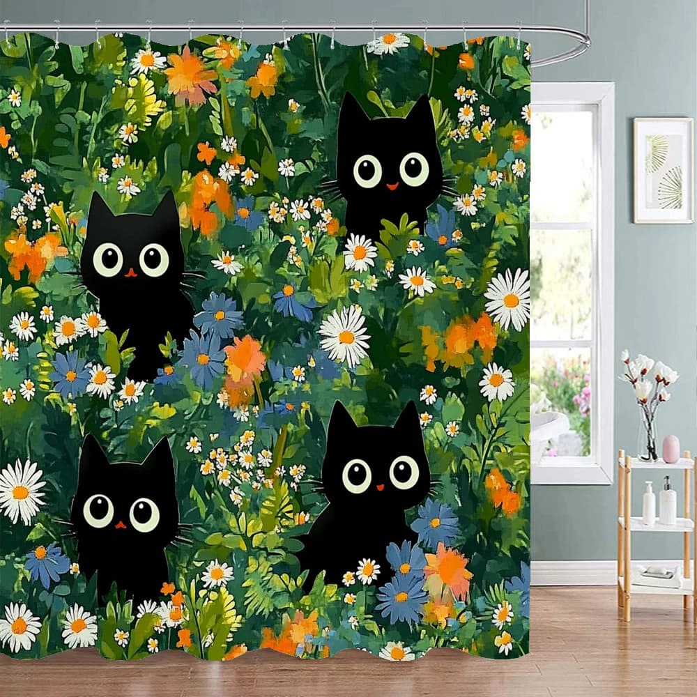Tenda da doccia con fiori e piante, gatti neri carini, tenda da doccia decorativa per il bagno, tenda da doccia impermeabile con ganci