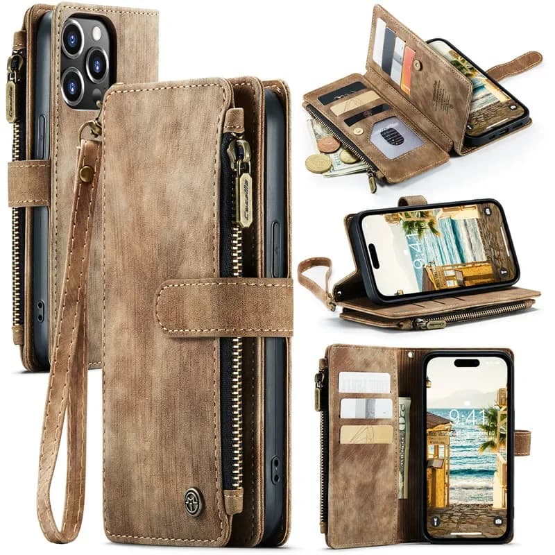 Lanyard Leather Wallet Phone Case Wireless Charging Cover for IPhone 17 16 15 Plus 14 12 Pro Max 13 for Magsafe Zip Flip Shell
