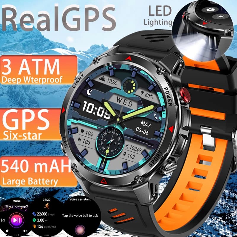 Nuovo Smartwatch Militare 2026 per Esterni con GPS, Torcia LED, 100+ Sport, Nuoto, 3ATM, Bussola, Altimetro e Chiamate Wireless