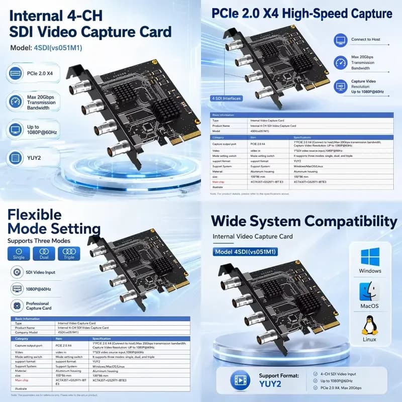 AP01 for PCIe X4 4CH SDI Capture Card 1080P60 YUY2 Single Dual Triple Mode Internal PCI Video Capture Card