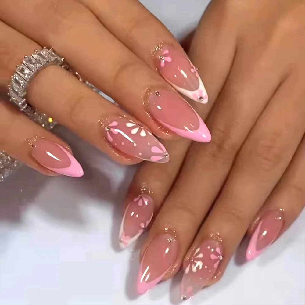 24Pcs Almond Pink French border Press On Nails Summer Cute Flower Rhinestone Fake Nails Daisy Nail Art Reusable wearable Nails
