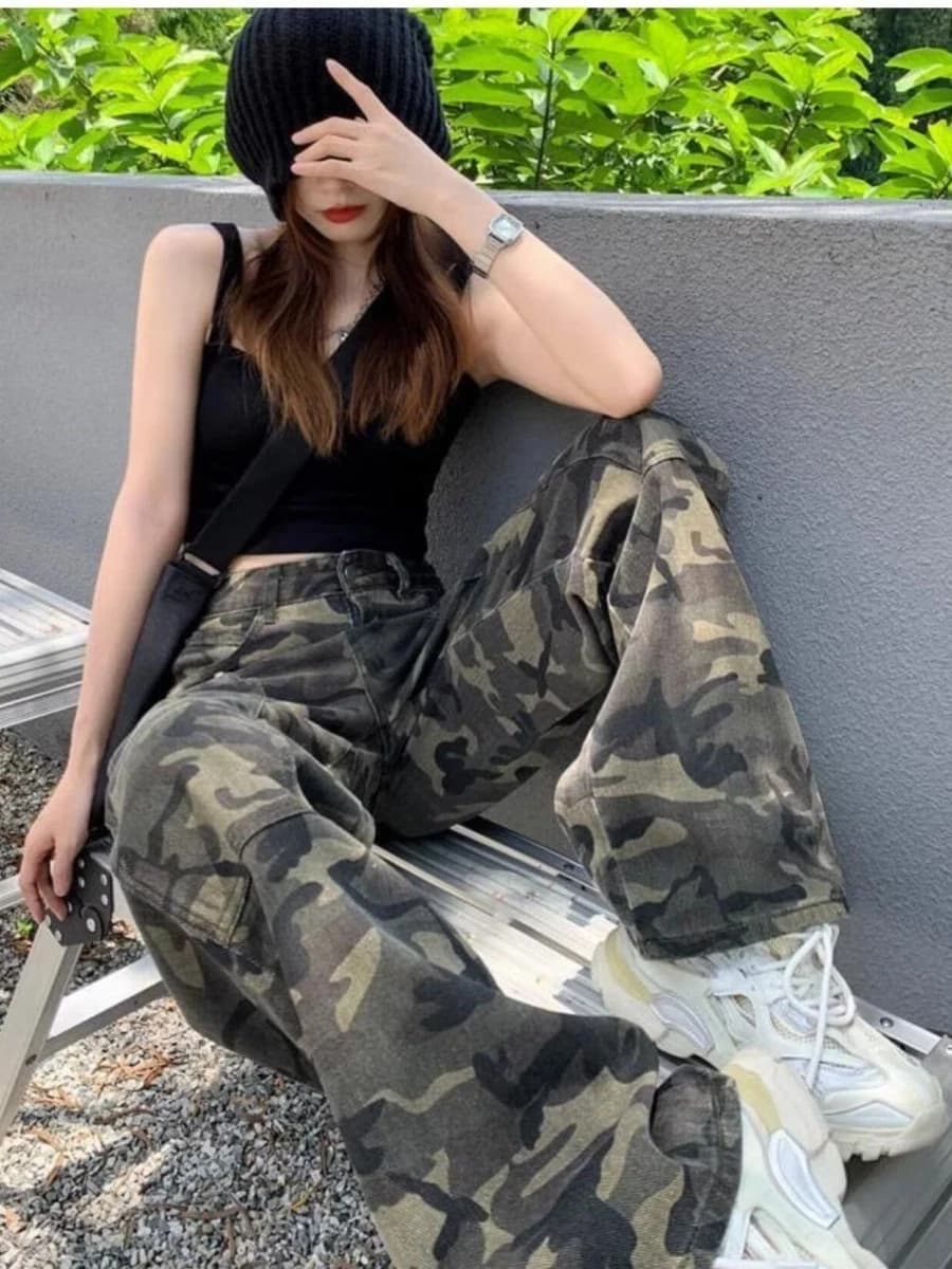 American High Street Camouflage Workwear Jeans Women's Spring New Style Hot Girl Straight Loose Retro High Waist Wide Leg Pants