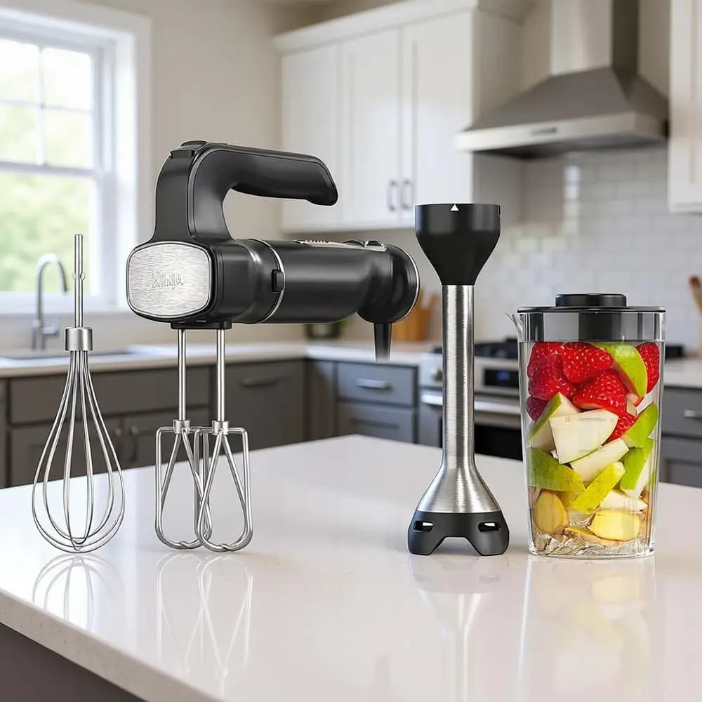 High-Power Handheld Emulsion Blender & Electric Mixer with Whisk, Beaters, and 3-Cup Mixing Bowl, 120 Seconds, Black