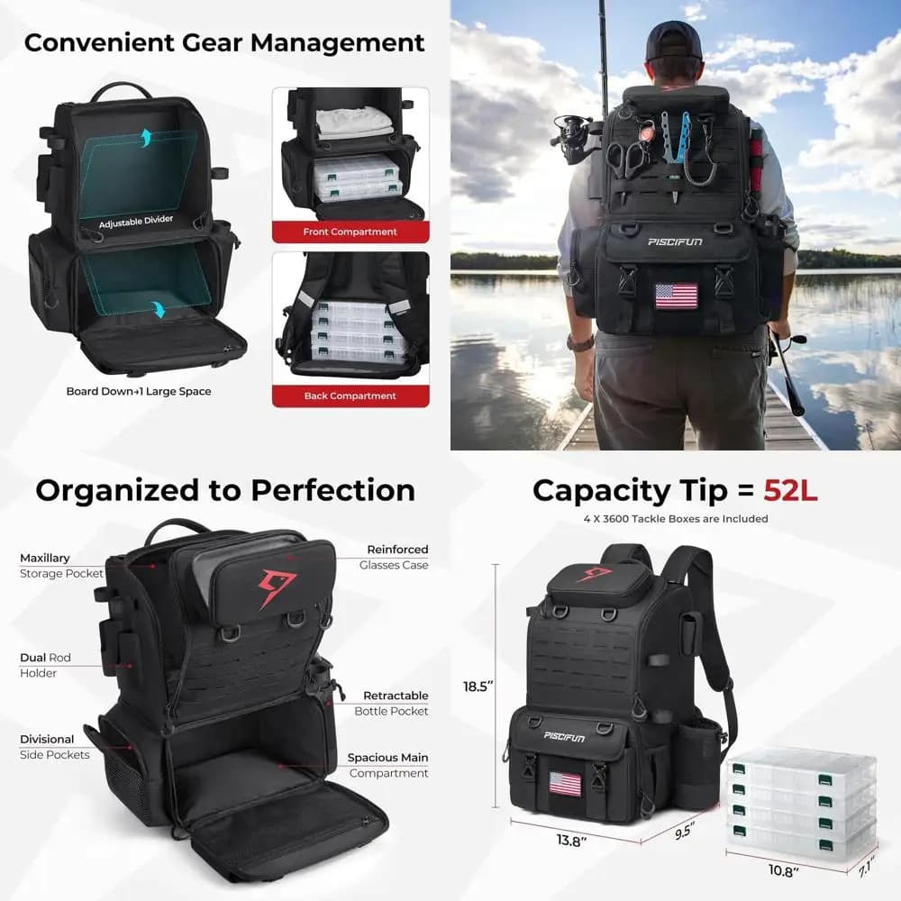 Large Backpack for Fishing Equipment with Candle, 4 Boxes and Rain Cover