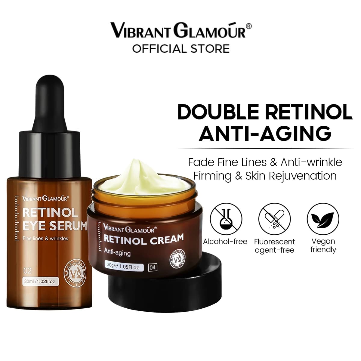 VIBRANT GLAMOUR Retinol Face Cream And Eye Serum 2 PCS/Set Firming Lifting Anti-Aging Reduce Wrinkle Fine Lines Facial Skin Care