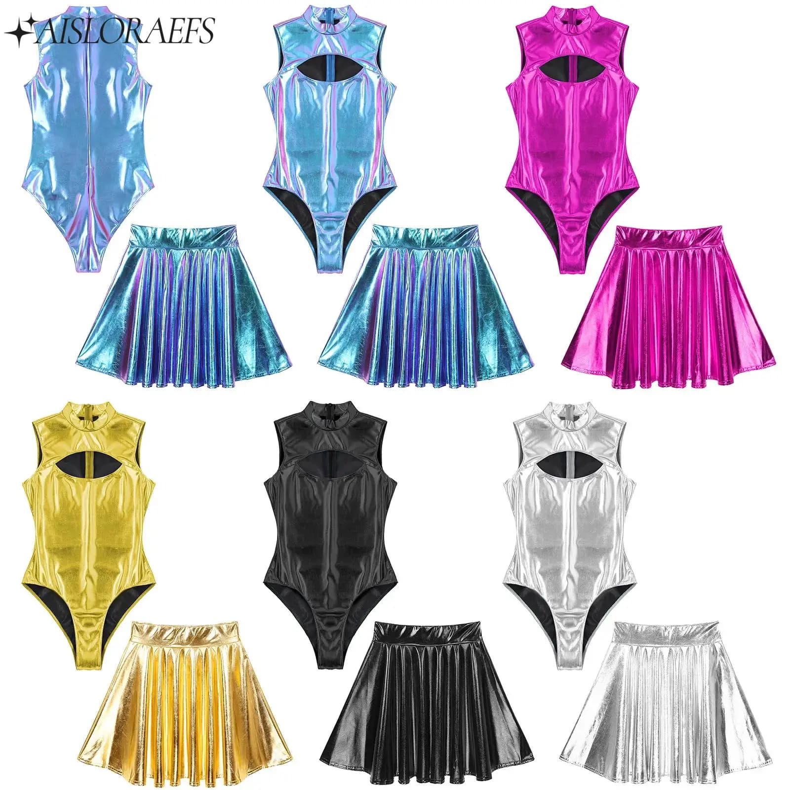 Costume da bagno sexy a due pezzi da donna, costume da spettacolo in discoteca, body metallizzato senza maniche con gonne, costume sportivo da spiaggia